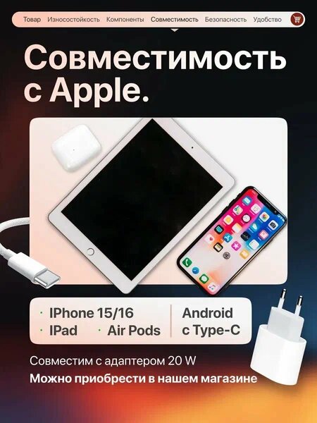 Провод Type-C - Type-C 60 W 1 метр Белый быстрая зарядка для iPhone 15,16, 17, Samsung, Xiaomi и других устройств — фото 1