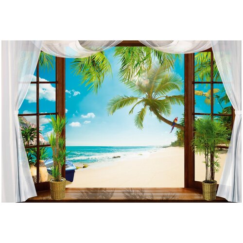 фото Фотообои окно с видом на тропический пляж/ красивые уютные обои на стену в интерьер комнаты/ 3д расширяющие пространство над кроватью или над столом/ на кухню в спальню детскую зал гостиную прихожую/ размер 400х270см/ флизелиновые топ фотообои