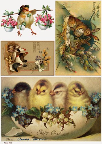 Изображение товара Рисовая бумага для декупажа А4 ультратонкая салфетка 0682 птицы Пасха цыплята винтаж крафт Milotto