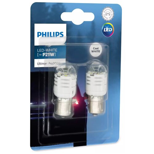 Лампа автомобильная PHILIPS White Ultinon Pro3000 LED P21W 12V-LED (BA15s) 6000K 1.75W, 2шт, 11498U30CWB2