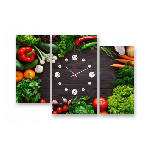 Часы настенные на холсте | Diva Kartina | Еда. Овощной хоровод | 100X70 см | Немецкий механизм