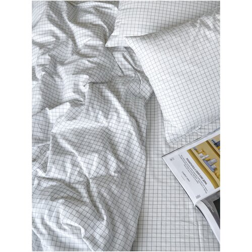 Комплект постельного белья COMFORT HYGGE SQUARE, размер евро, вареный хлопок белый в клетку