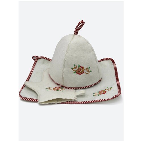 Набор для бани и сауны с вышивкой цветы из 3-х предметов: шапка, коврик, варежка; российский войлок, отделка хлопковым кантом