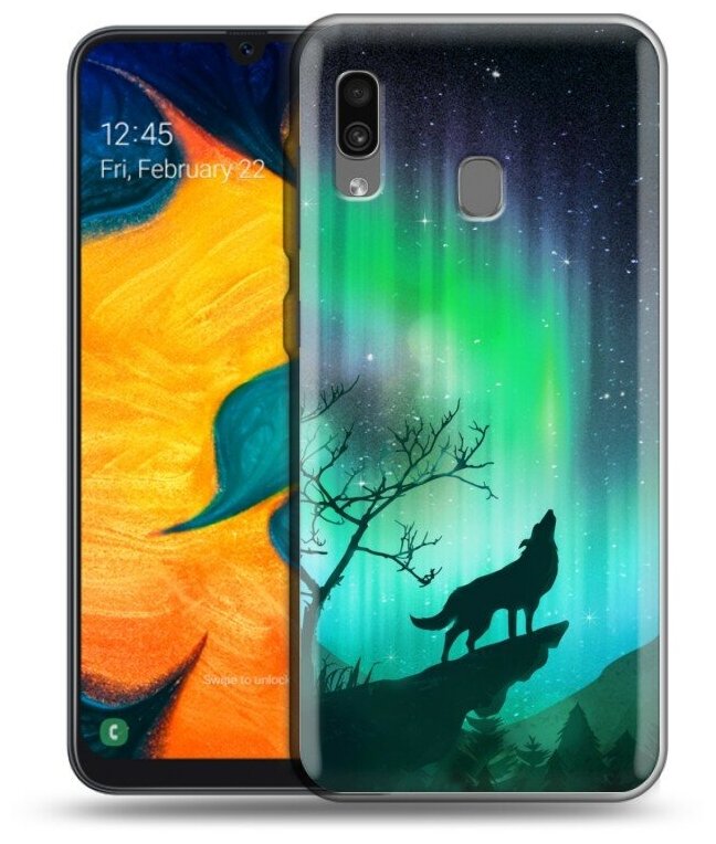 Дизайнерский силиконовый чехол для Самсунг А30 / Самсунг А20 Северное сияние и волк