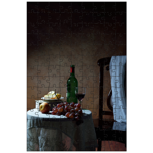 фото Магнитный пазл 27x18см."бутылка вина, стекло, стол" на холодильник lotsprints