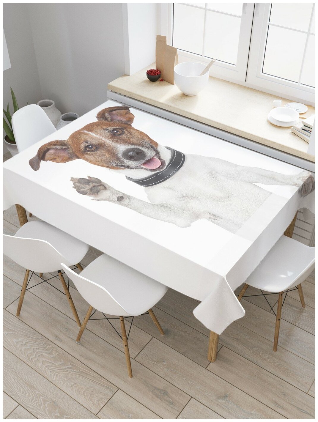 Скатерть прямоугольная JoyArty на кухонный стол "Привет от собаки" из оксфорда, 120x145 см