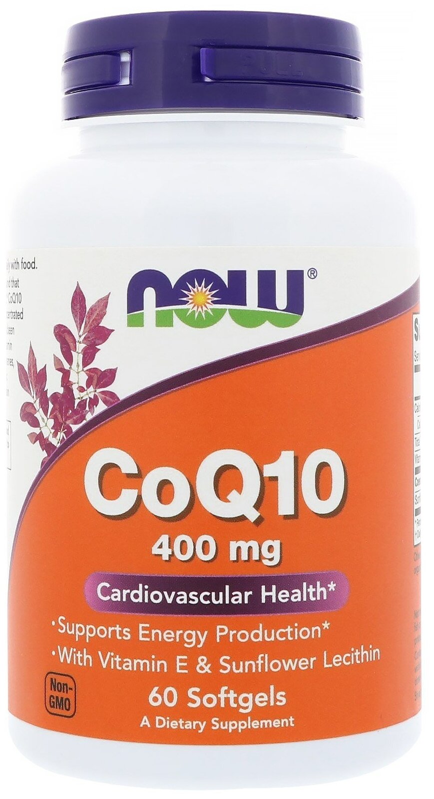 NOW Коэнзим Q10, Coenzyme Q10 400 мг + Лецитин Подсолнечника, Витамин Е - 60 капсул