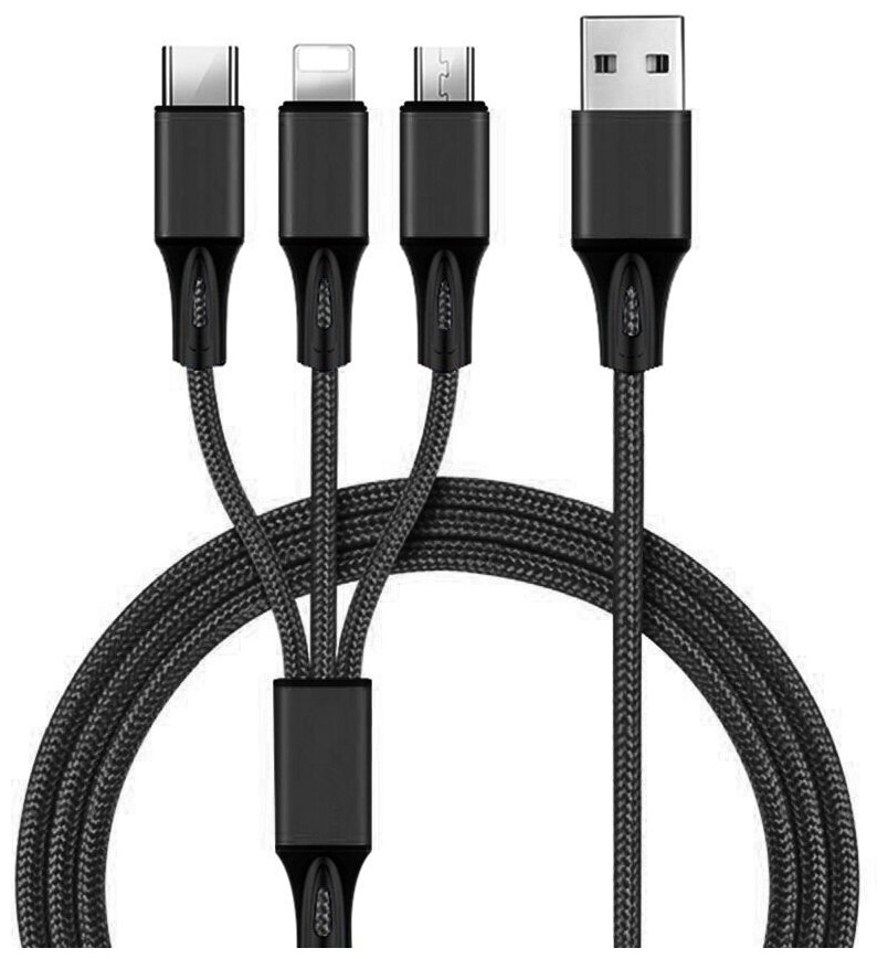 фото Кабель для быстрой зарядки айфона и андроид / 3 в 1 / micro USB, type-c, Lightning, 2А / текстильная армированная оплетка / 1 метр / черный