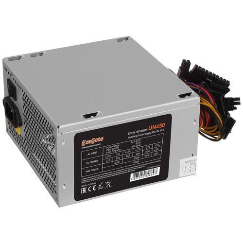 Блок питания EXEGATE UN450 ATX PC 12cm fan 24pin 4pin PCIe 3xSATA 2xIDE FDD кабель 220V в комплекте 161700₽