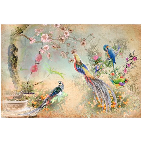 Фотообои Уютная стена Экзотические птицы в саду 410х270 см Виниловые Бесшовные (единым полотном)