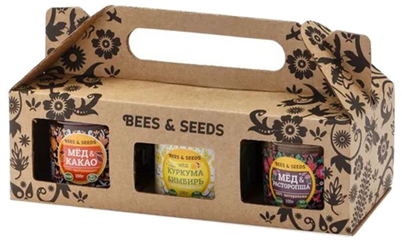 Подарочный набор медовых урбечей Bees & Seeds "Пчелы и семена" 3 х 150 г (куркума, расторопша, какао) - фотография № 3