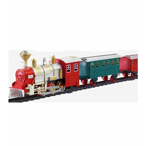 Железная дорога на батарейках 54 см красный поезд 8516 игровой набор железная дорога паровозик с паром светом звуком