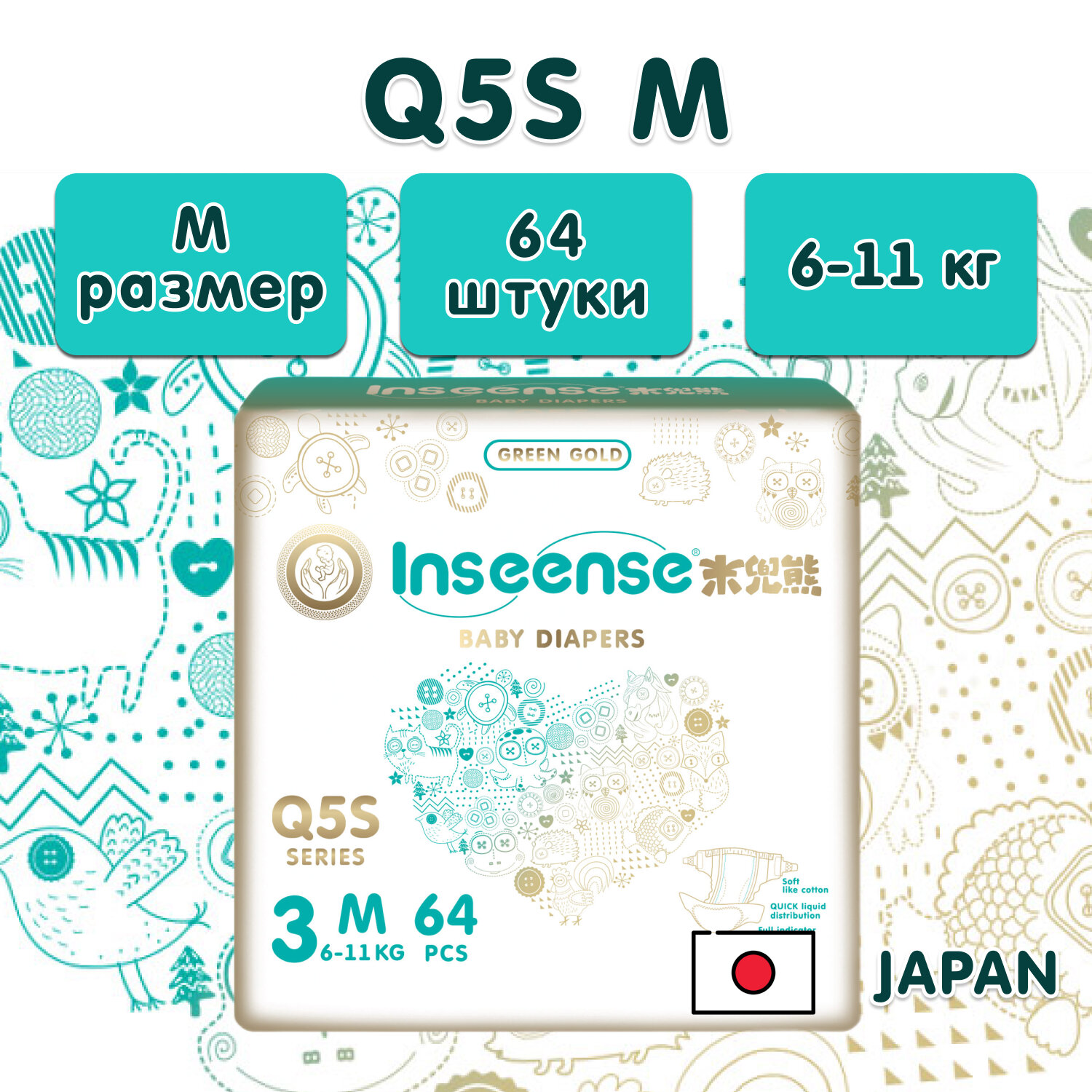 Подгузники Inseense M Q5S 6-11 кг 64 шт