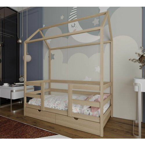 Кровать детская "Теремок", спальное место 160х80, в комплекте с выкатными ящиками и ортопедическим матрасом, натуральный цвет, из массива