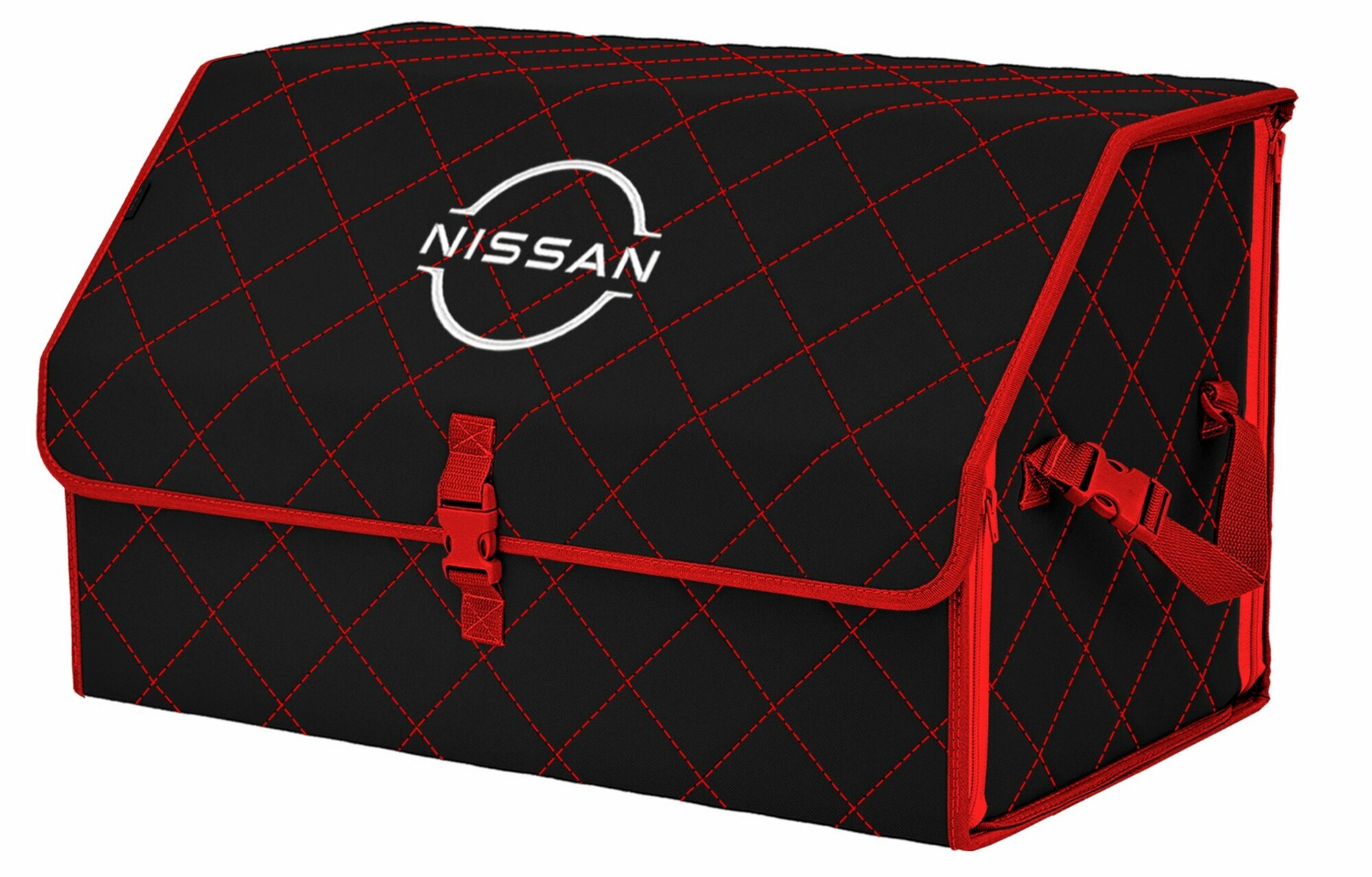 Органайзер-саквояж в багажник "Союз" (размер XL). Цвет: черный с красной прострочкой Ромб и вышивкой Nissan (Ниссан).