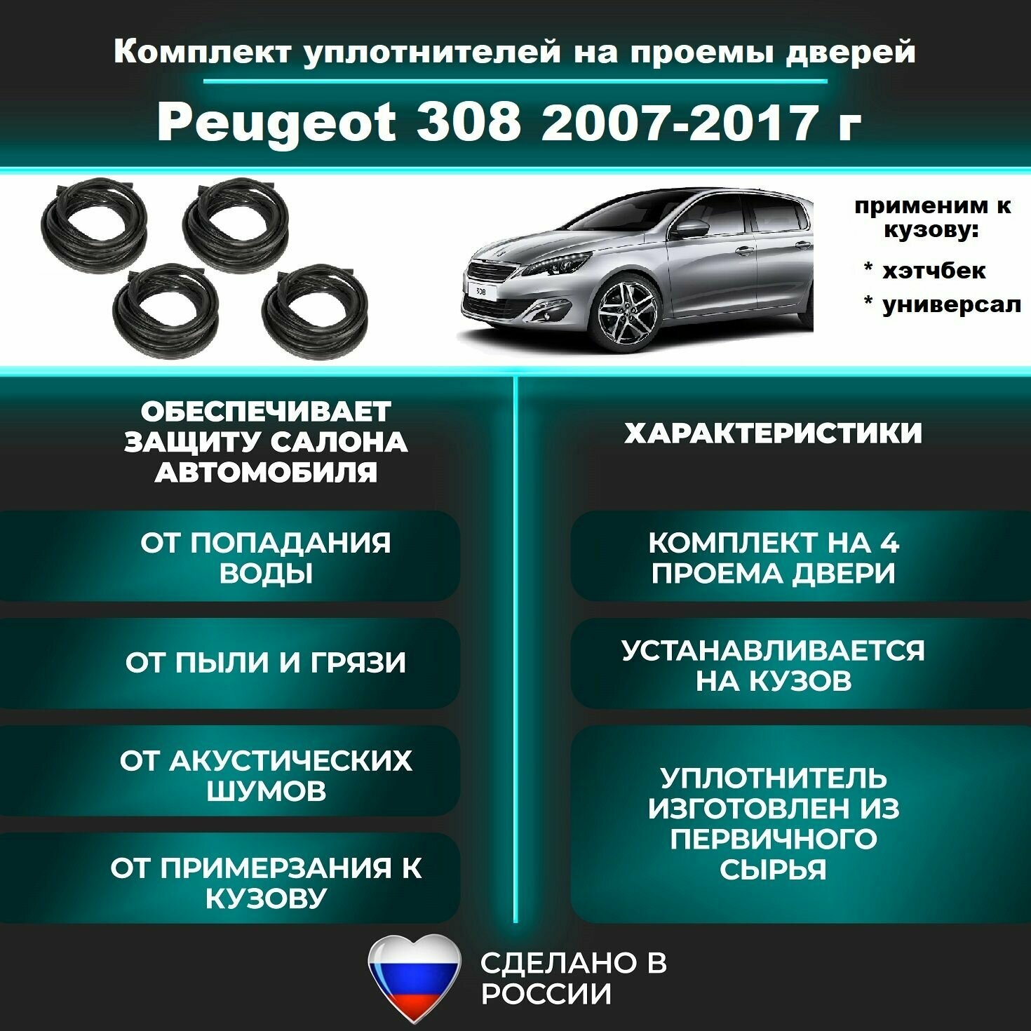 Комплект уплотнителей на проем дверей для Peugeot 308 2007-2017 г / резинка для Пежо / Пежот 308 4 штуки