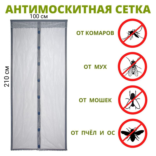 Антимоскитная сетка на магнитах, шторка от насекомых на дверь (серый цвет), 100х210см. В комплекте 7 мощных магнитов, крепеж, ламбрекен