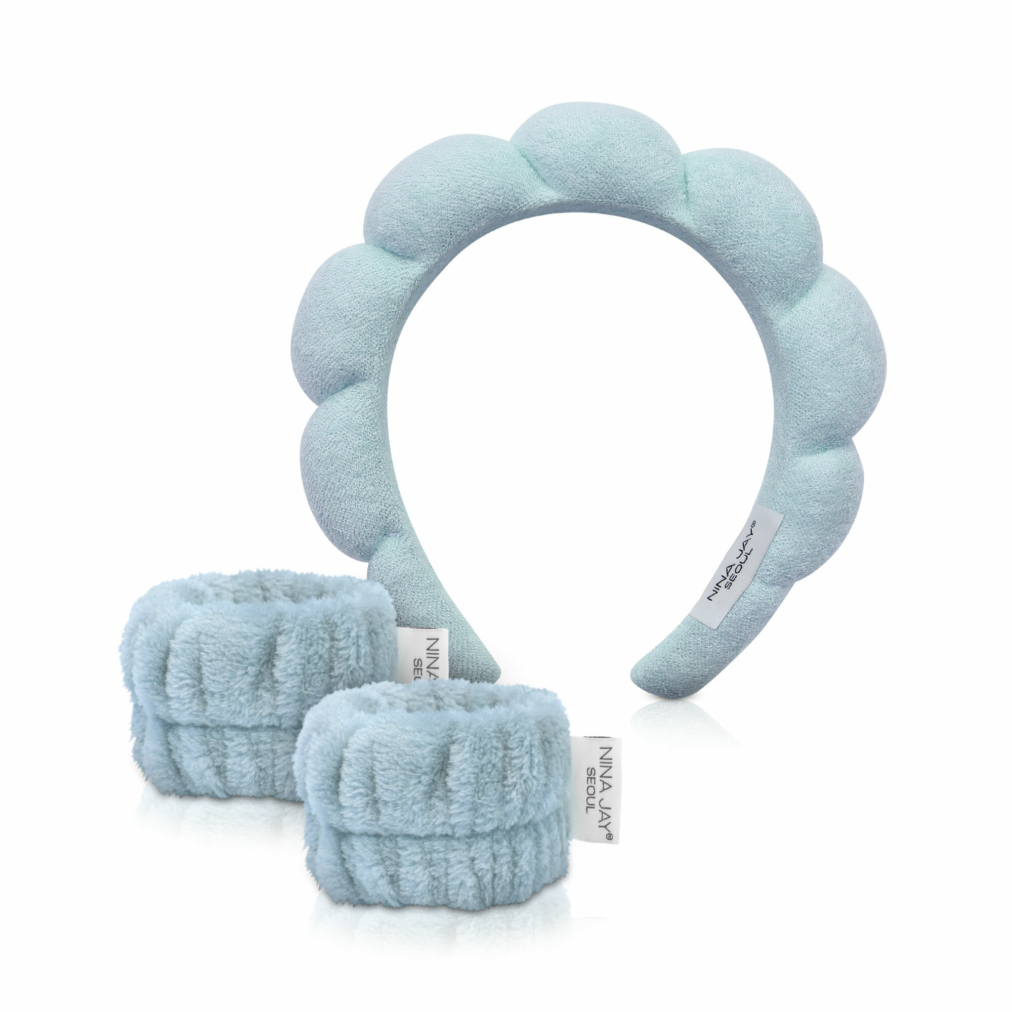 Набор для умывания: ободок + напульсники голубого цвета NINA JAY