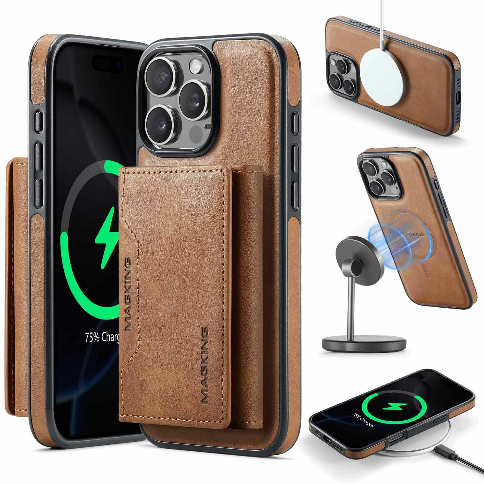 Кожаный чехол Deluxe для Apple iPhone 16 Pro Max(айфон 16 про макс) с беспроводной автомобильной зарядкой Magsafe