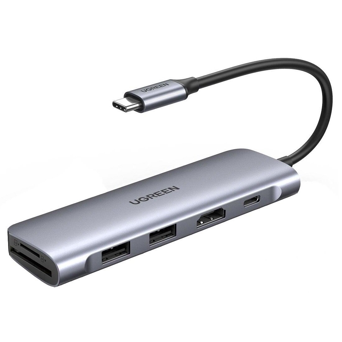Док-станция Ugreen CM195-70411 USB-C to 2 Ports USB3.0-A Hub + HDMI + TF/SD with PD Power Supply, Space Gray