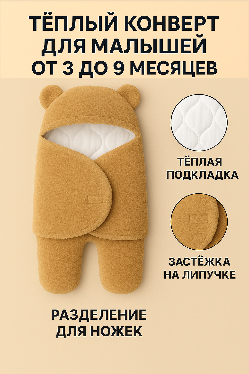 Конверт для новорождённого, тёплый, двойное утепление, защита от холода