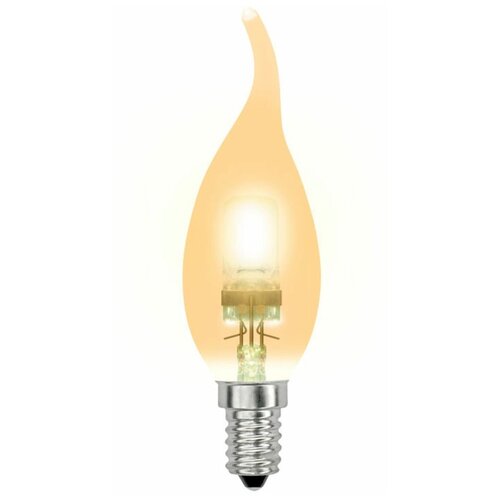 фото Лампа галогеновая uniel e14 230 в 42 вт свеча на ветру золотистая 510 лм теплый белый свет