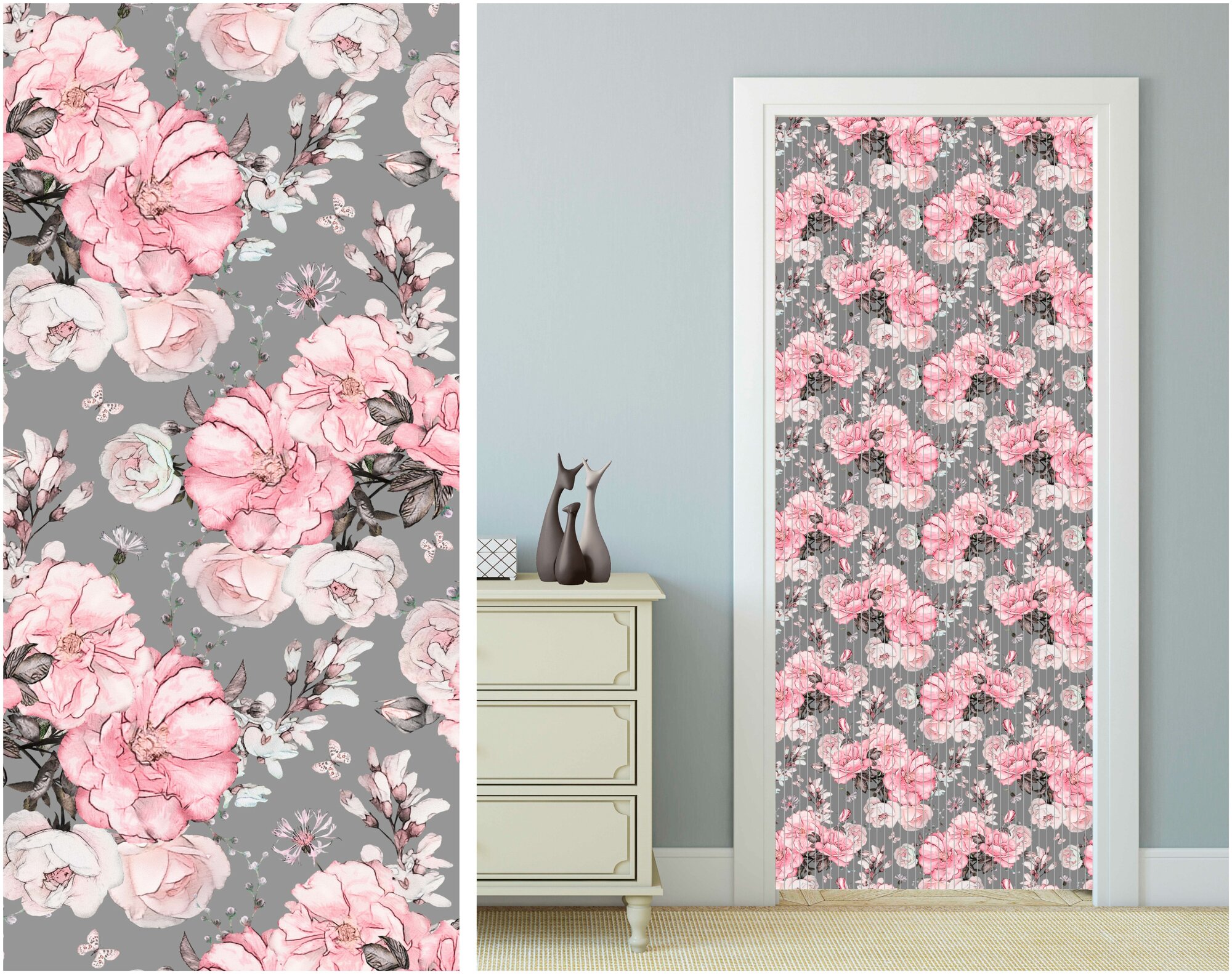 фото Штора на дверной проём Пионы на сером фоне 82*200см AzarovaPro