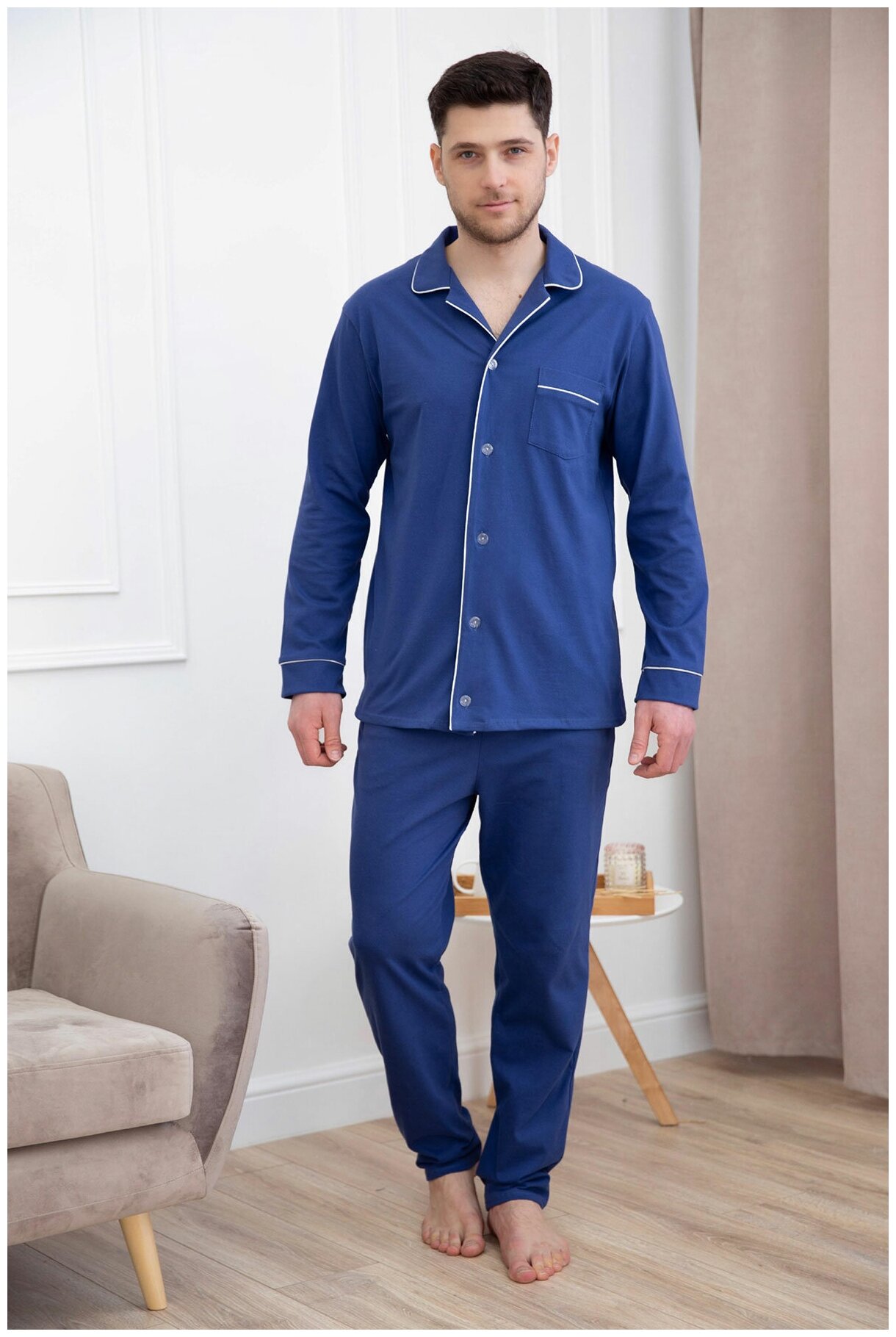 Мужская пижама с брюками Виктор Синий размер 50 Кулирка Лика Дресс рубашка с застежкой на пуговицы отложной воротник длинный рукав - фотография № 2