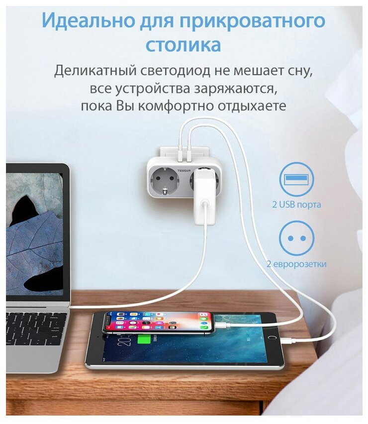 Сетевой фильтр TESSAN 2 евророзетки 220В и 2 USB порта, 3600Вт, до 16А (80001840) - фото №4