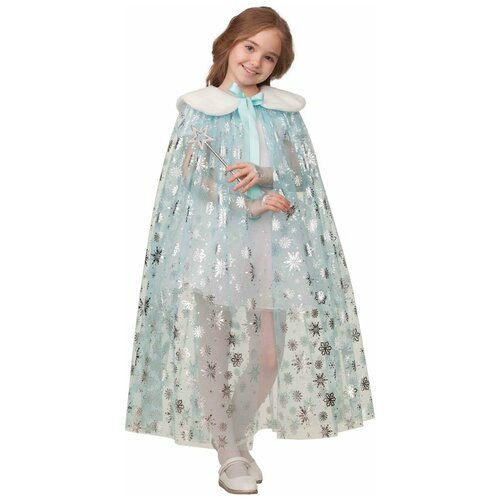 костюм принцессы льда 5499 134 см Плащ Принцессы бирюза снежинки фатин для девочки (15815) 134 см
