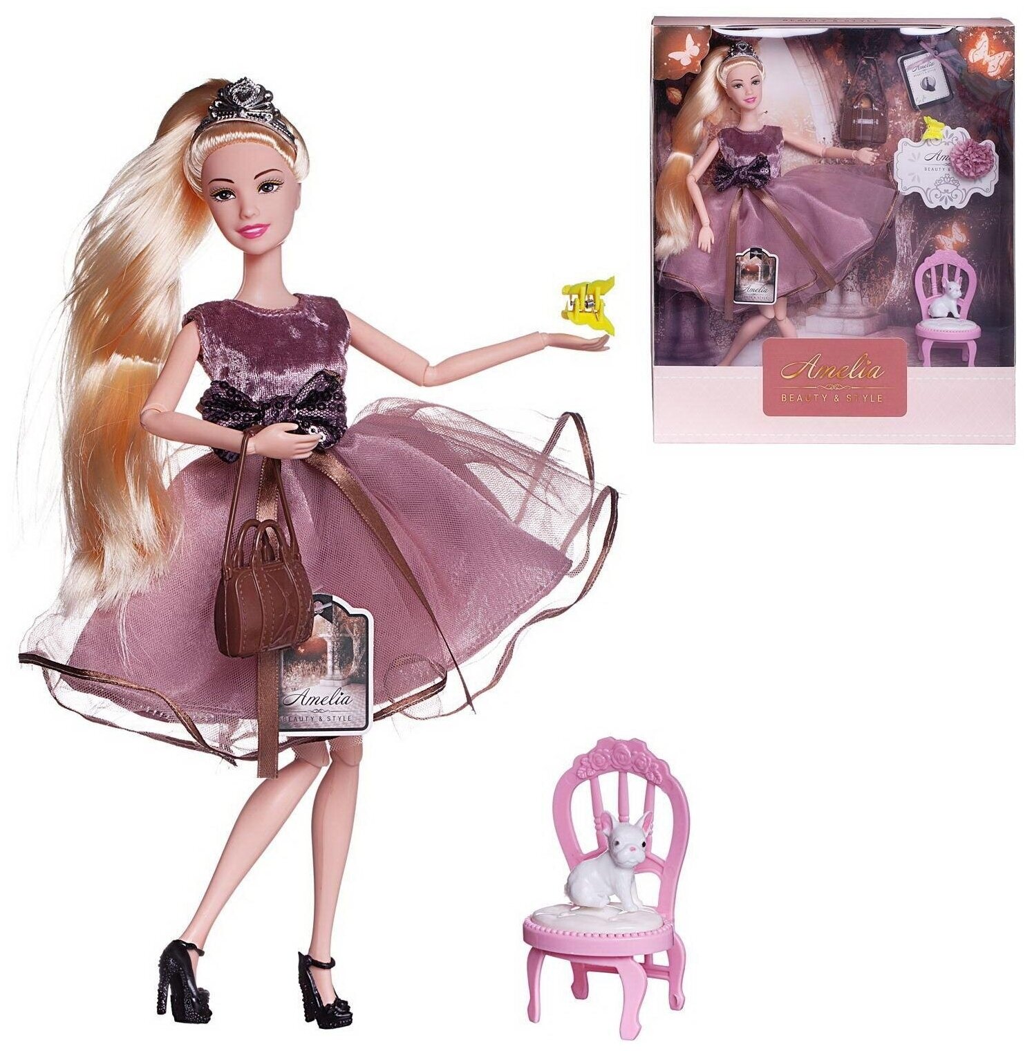 Кукла ABtoys "Королевский прием" с диадемой в розовом блестящем платье с воздушной юбкой светлые волосы 30см