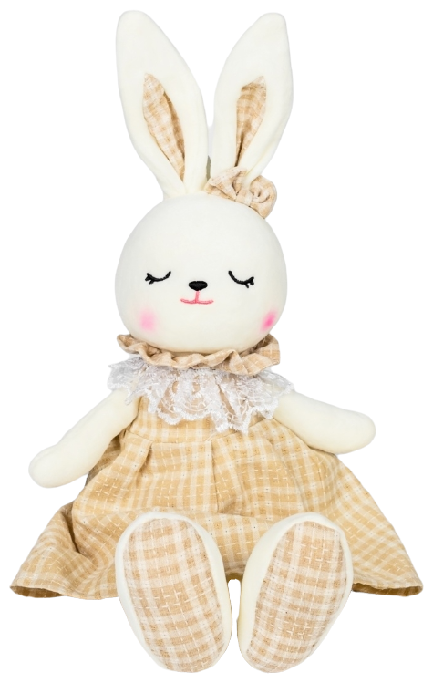 Мягкая игрушка сонная зайка/ спящий крольчонок в бежевом платьице, клетка 34 см/ кукла-сплюшка зайка-соня
