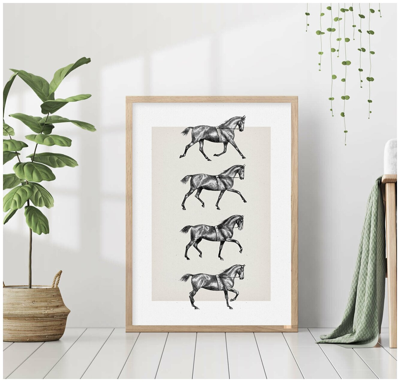 Постер без рамки "Винтажный постер с лошадьми, рисунок" 50*70 в тубусе / Картина для интерьера