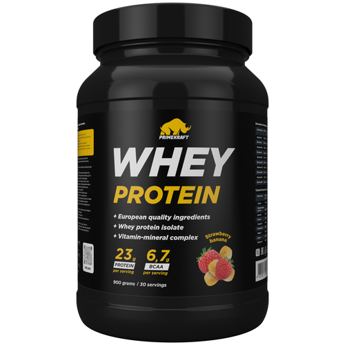 rule one protein большая банка оранжевый 2290 г frozen banana Протеин сывороточный PRIMEKRAFT Whey Protein, Клубника-банан (Strawberry-banana), банка 900 г