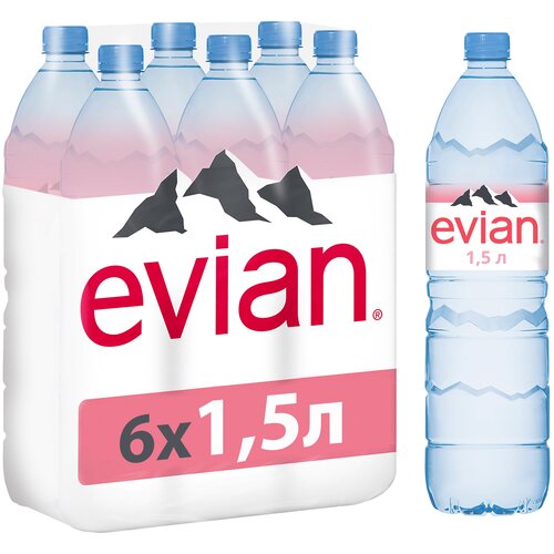 Вода минеральная природная столовая питьевая Evian негазированная, ПЭТ, без вкуса, 6 шт. по 1.5 л