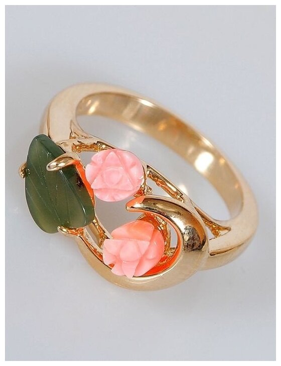 Кольцо помолвочное Lotus Jewelry, нефрит, коралл, размер 18, зеленый, розовый