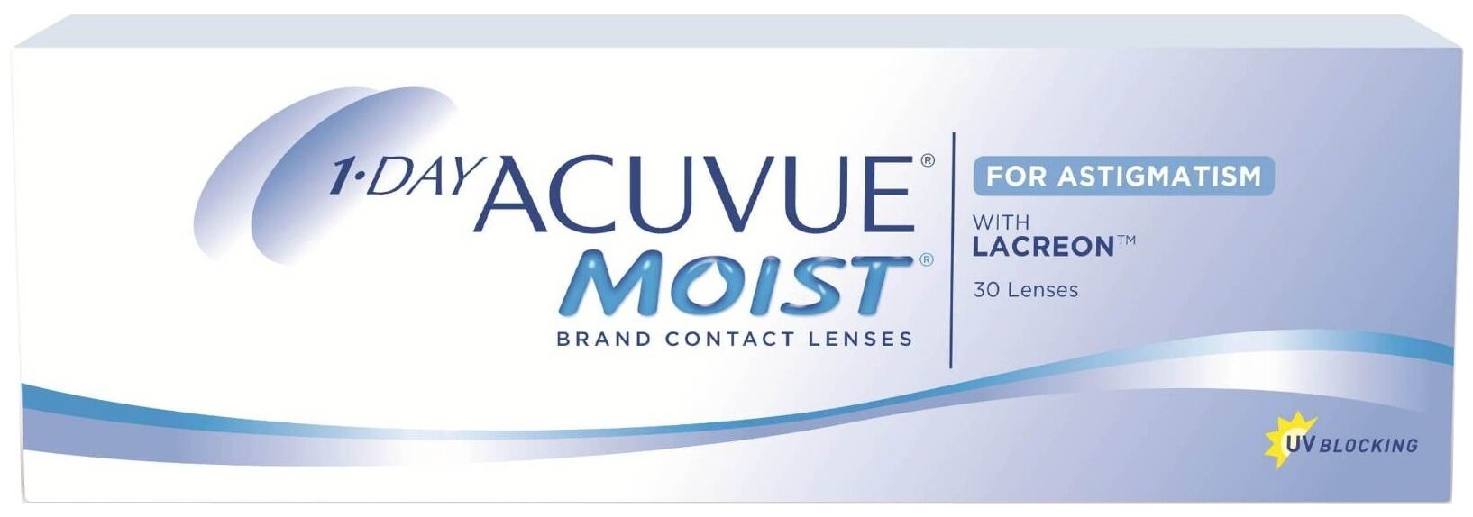 Астигматические линзы ACUVUE 1-Day Moist for Astigmatism (30 линз) Ось 110, Оптическая сила цилиндра -1.25 +0.50 R 8.5, однодневные, прозрачные