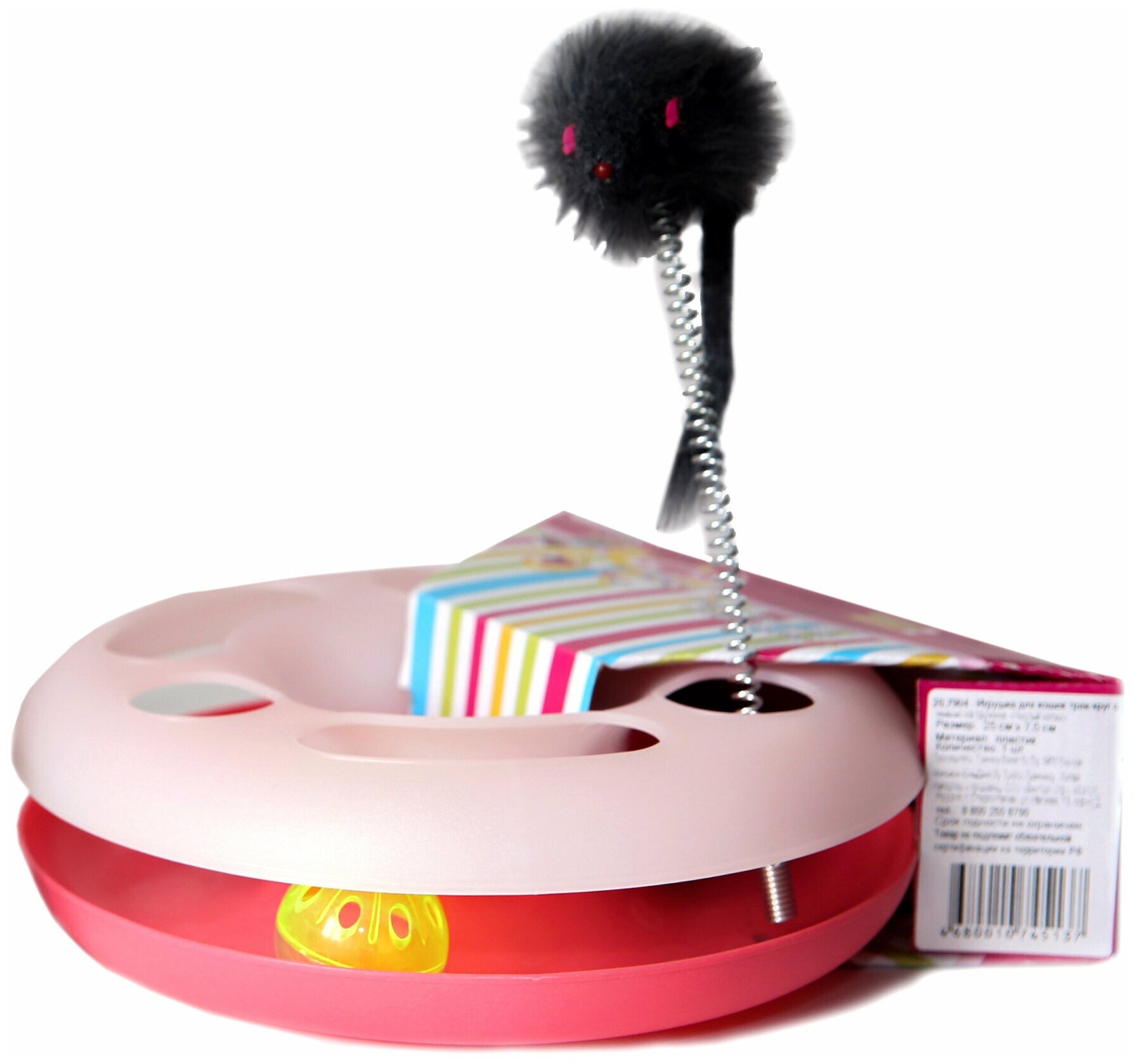 Игрушка трек-круг с мышью на пружине , "Чистый котик", 25 см х 7,5 см, розовый