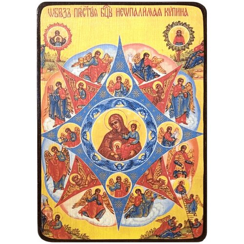 Икона Неопалимая купина Божией Матери на желтом фоне, размер 14 х 19 см