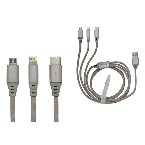 Ainy Кабель USB Micro USB Apple iPhone 5/5С/5S/6/6 Plus/iPad Mini/Air Type-C, тканевый, 1 м, FA-092K, серебристый