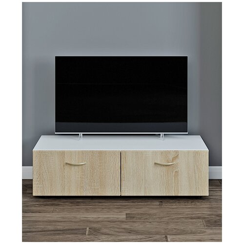 Тумба под ТВ напольная, под телевизор, Лофт, Икеа, Белая с фасадом под дерево Дуб сонома, для гостиной, прихожей, деревянная, на ножках , фабрика Феликс (Россия)