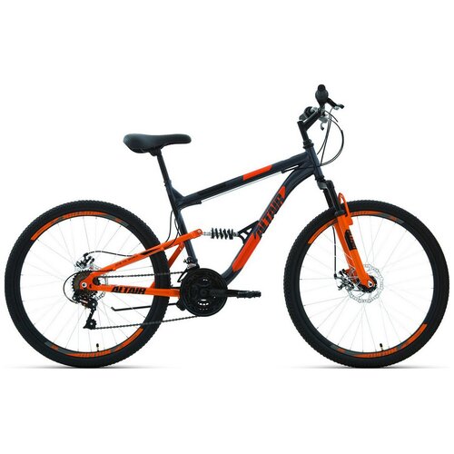 велосипед горный двухподвес altair mtb fs 26 2 0 disc 26 18 синий красный rbkt1f16e019 2021 г Велосипед Altair MTB FS 26 2.0 disc 2021, рост 18, темно-серый/оранжевый