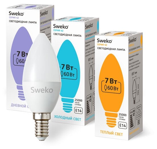 Лампа LED С35 7Вт Е14 6500К 42LED Sweko 38553