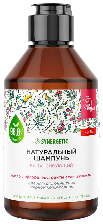 Synergetic натуральный бессульфатный шампунь Балансирующий для мягкого очищения жирной кожи головы, 250 мл