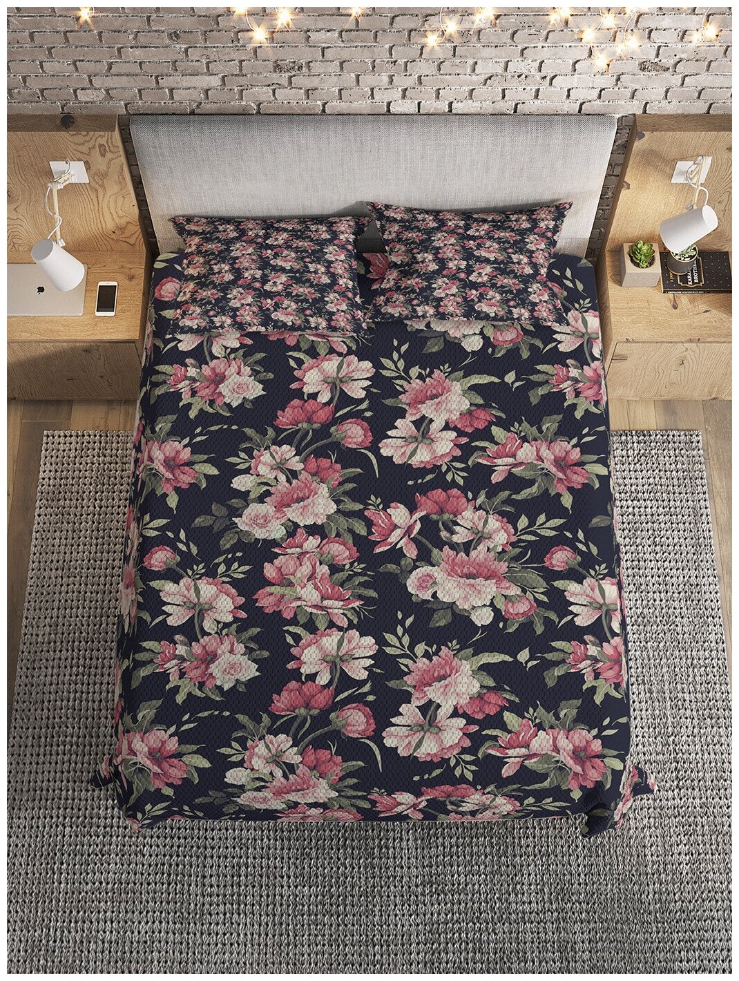 Покрывало на 1,5-спальную кровать Ambesonne "Большие розовые цветы" 160х220 см с 2 наволочками 50x70 см