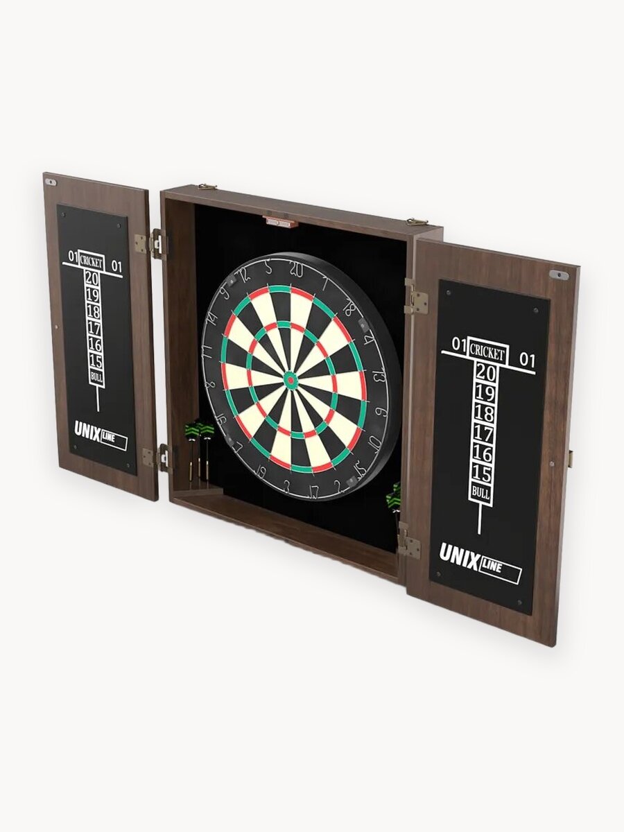 Дартс UNIX Line D-46 см мишень из сизаля с дротиками и кабинетом из дерева