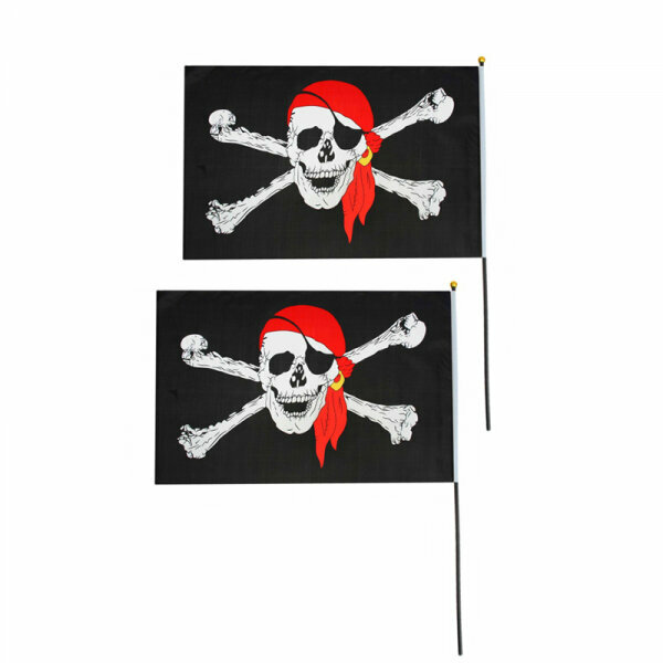 Флаг пиратский черный "Веселый Роджер" пират в бандане с повязкой, 14*21 см (Набор 2 шт.)