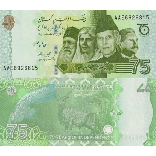банкнота пакистан 75 рупий 2022 год 75 лет независимости пакистана unc Пакистан 75 рупий 2022 (UNC Pick 56)