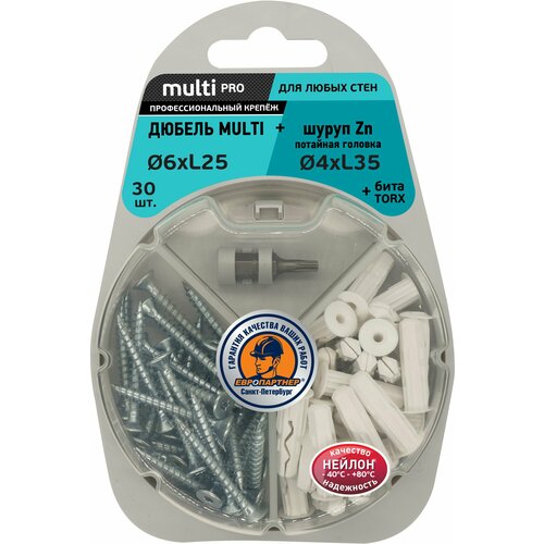фото Дюбель multi plug 6x25 мм с универсальным шурупом multi пот. гол. 4x35 мм 30 шт европартнер