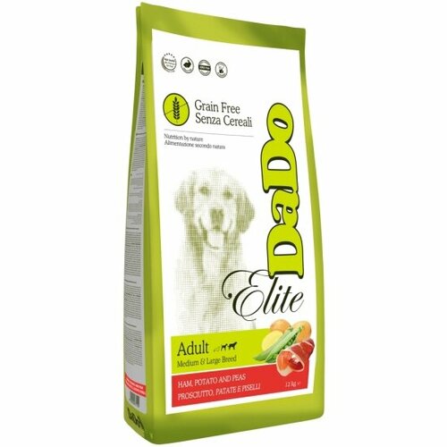 Корм сухой Dado Dog Elite для взрослых собак средних и крупных пород беззерновой с ветчиной, картофелем и горохом, 12 кг